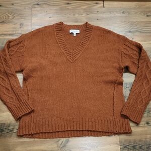 Michael Stars Rust Cabincore Cable Knit V Neck Cotton Blend‎ Soft Sweater Large